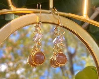 Sunstone Crystal Earrings, 14k Gold Plated Earrings, Tarnish Resistant Wire Wrapped Earrings