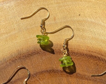 Peridot Crystal Earrings, 14k Gold Plated Earrings, Peridot Crystal Chips, Dainty and Simple Drop Earrings, Tarnish Resistant Earrings