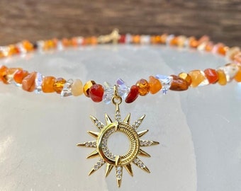 Carnelian Crystal Necklace, 24k Gold Filled Sun Pendant, 16 inches with 2 inch 14k Gold-Plated Extension