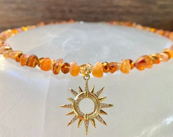 Carnelian Crystal Necklace, 24k Gold Filled Sun Pendant, 16 inches with 2 inch 14k Gold-Plated Extension