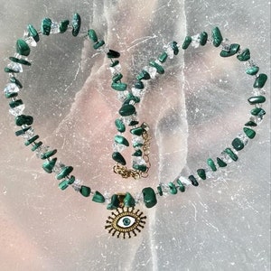 Green Malachite Crystal Necklace, 24k Gold Filled Eye Pendant, 16 inches with 2 inch 14k Gold-Plated Extension