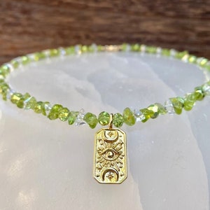 Green Peridot Crystal Necklace | 18k Gold Plated Evil Eye Tarot Style Pendant | 16 inches with 2 inch 14k Gold-Plated Extension