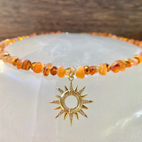 Carnelian Crystal Necklace, 24k Gold Filled Sun Pendant, 16 inches with 2 inch 14k Gold-Plated Extension