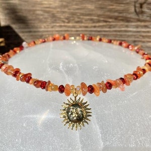 Carnelian Crystal Necklace, 18k Gold Plated Sun Pendant, 16 inches with 2 inch 14k Gold-Plated Extension