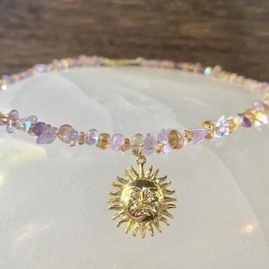 Ametrine  Crystal Necklace, 18k Gold Plated Sun Pendant, 16 inches with 2 inch 14k Gold-Plated Extension