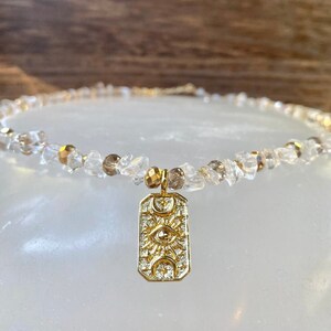Clear Quartz Crystal Necklace, 18k Gold Plated Evil Eye Tarot Style Pendant, 16 inches with 2 inch 14k Gold-Plated Extension