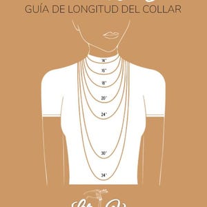 May include: A guide to necklace lengths, illustrated with a drawing of a person wearing necklaces of different lengths. The lengths are labeled in inches: 14", 16", 18", 20", 24", 30", and 34". The text "Necklace Length Guide" and "GU&Iacute;A DE LONGITUD DEL COLLAR" is at the top of the image. The text "Lili Vega" and "lilivegajewelry.etsy.com" is at the bottom of the image.