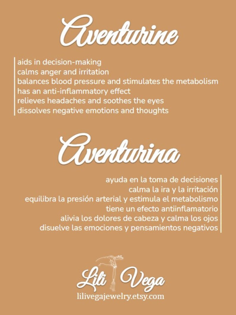 Pu&ograve; includere: Grafica color beige con la parola "Aventurine" in corsivo bianco. Il testo sottostante elenca i benefici: aiuta a prendere decisioni, calma la rabbia, equilibra la pressione sanguigna, antinfiammatorio, allevia i mal di testa. Il testo in basso dice "Lili Vega" e un sito web.