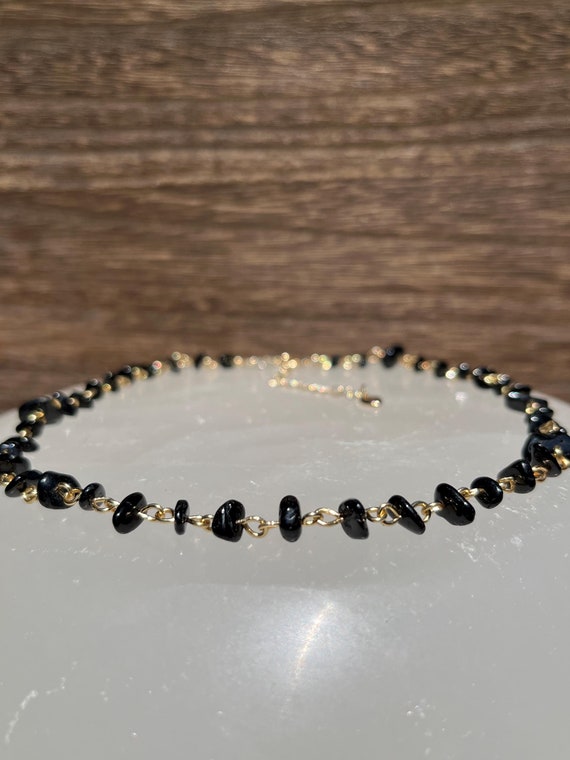 Black Tourmaline Crystal Chain Choker Necklace, 14 inch to 17 inch Tarnish Resistant Wire Necklace with a 3 inch 18k Gold-Plated Extension