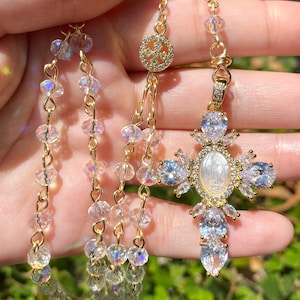 Crystal Gold Luxury Rosary, Virgin Cubic Zirconia Cross Pendant, 25 Inch Rosary, AB Crystal Beads with Tarnish Resistant Wire