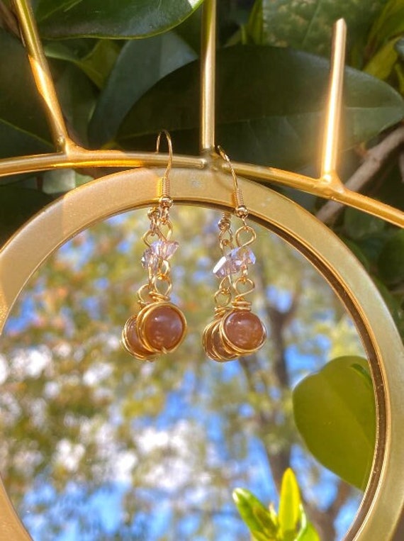 Sunstone Crystal Earrings, 14k Gold Plated Earrings, Tarnish Resistant Wire Wrapped Earrings