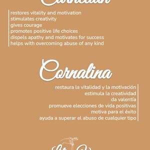May include: A tan-colored graphic with the word "Carnelian" in a script font. Text below lists benefits: restores vitality, stimulates creativity, gives courage, promotes positive choices, motivates for success. The word "Cornalina" and its Spanish translation are also included.
