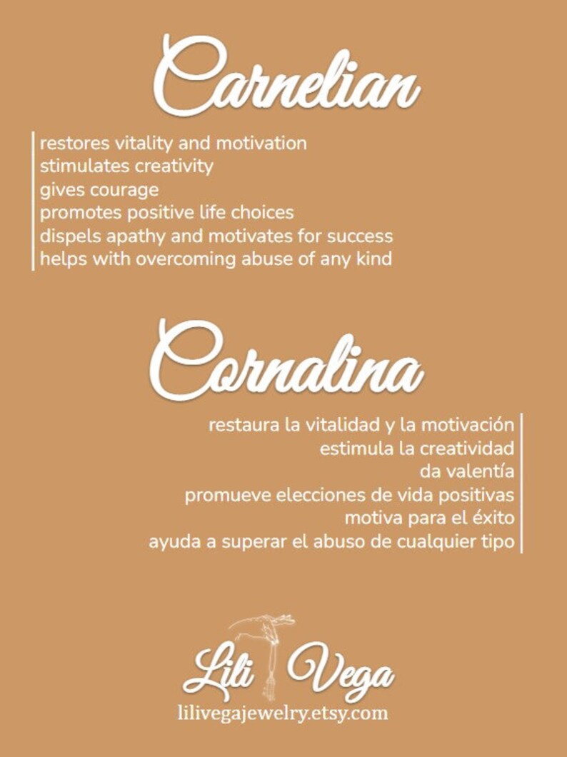 May include: A tan-colored graphic with the word "Carnelian" in a script font. Text below lists benefits: restores vitality, stimulates creativity, gives courage, promotes positive choices, motivates for success. The word "Cornalina" and its Spanish translation are also included.