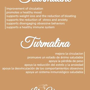May include: A tan background with white text describing the benefits of Tourmaline. The text is in both English and Spanish. The text includes the words "improvement of circulation", "promotes a healthy mood", "supports weight loss", "supports the reduction of stress and anxiety", "supports disengaging obsessive behaviors", "supports a healthy immune system", "mejora la circulacion", "promueve un estado de &aacute;nimo saludable", "apoya la p&eacute;rdida de peso", "apoya la reducci&oacute;n del estr&eacute;s y la ansiedad", "apoya la desvinculaci&oacute;n de los comportamientos obsesivos", and "apoya un sistema inmunol&oacute;gico saludable". The text is followed by the name "Lili Vega" and the website "lilivegajewelry.etsy.com".