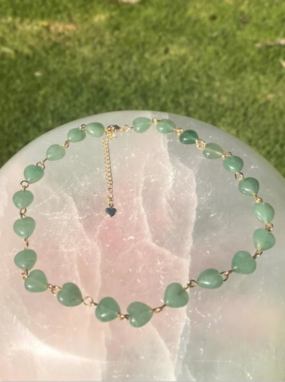 Green Aventurine Crystal Hearts Choker to Necklace, 14.5 inches to 17.5 inches with 3 inch 18k Gold-Plated Extension, Tarnish Resistant