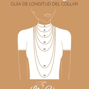 Pu&ograve; includere: Illustrazione di una guida alle lunghezze delle collane, con il busto di una donna e diverse collane di diverse lunghezze, che vanno da 35,5 cm a 86,4 cm. Il testo "Necklace Length Guide" e "GU&Iacute;A DE LONGITUD DEL COLLAR" sono in alto. Il logo Lili Vega e l'URL di Etsy sono in basso.