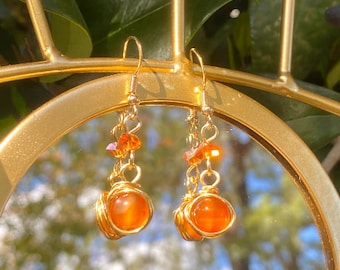 Carnelian Crystal Earrings, 14k Gold Plated Earrings, Tarnish Resistant Wire Wrapped Earrings