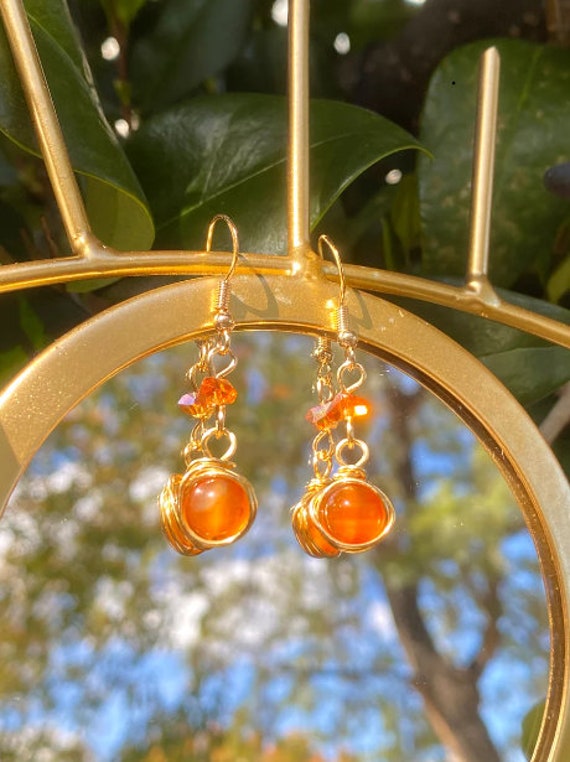 Carnelian Crystal Earrings, 14k Gold Plated Earrings, Tarnish Resistant Wire Wrapped Earrings