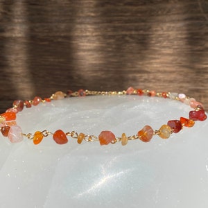 Carnelian Crystal Chain Necklace, 14 inch Tarnish Resistant Wire Necklace with a 3 inch 18k Gold-Plated