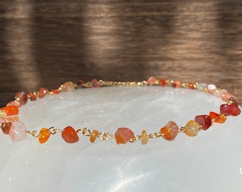Carnelian Crystal Chain Choker Necklace, 14 inch to 17 inch Tarnish Resistant Wire Necklace with a 3 inch 18k Gold-Plated Extension