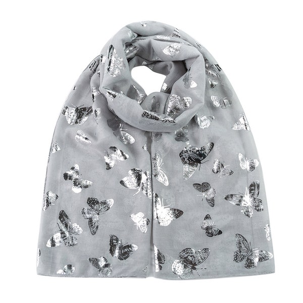 Silver Foil Butterfly Print Ladies Celebrity Style Scarves