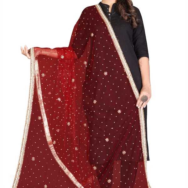 New Soft Net Dupatta MAROON with Gold Work New Design Traditional Dupatta Party Wear All Ceremonies and Occasions/MAROON