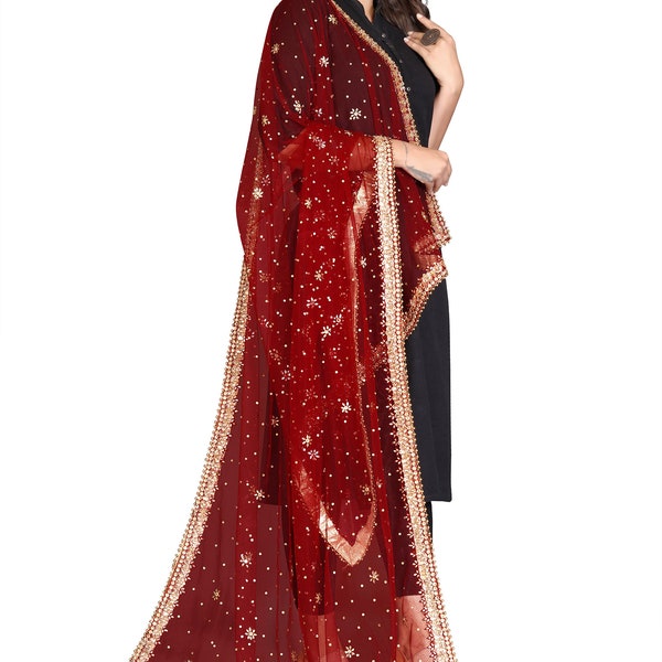 New Soft Net Dupatta Havy Work New Design Traditional Dupatta Party Wear All Ceremonies and Occasions / MAROON with GOLD Work