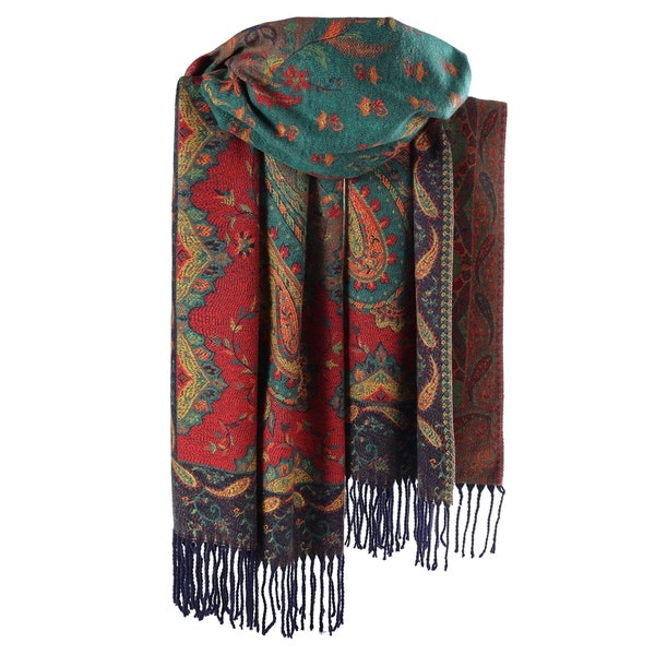 Women Luxury Warm Wrap Shawl Paisley Pashmina feel Hijab in Rich Colours with Fringes  28 x 80 Inches/Orange/Teal