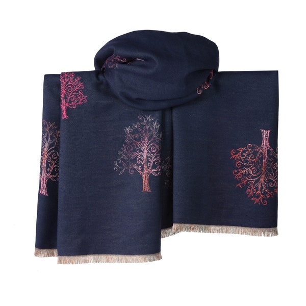 New Women's Navy Blue /Pink  Oak Tree of Life Print Thick Pashmina  Cashmere Scarf Christmas Gift