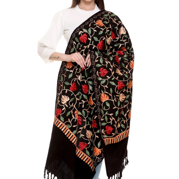 Kashmiri Embroidery Indian Shawl Stole Scarf Wrap (Black, 28 inch x 80 inch)