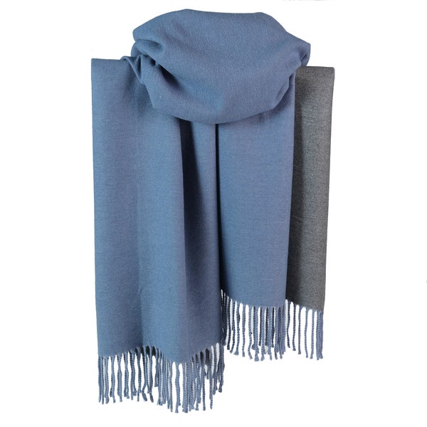 Écharpe d'hiver en cachemire double face pour femme, longue et grande écharpes réversibles chaudes et épaisses/bleu denim avec gris