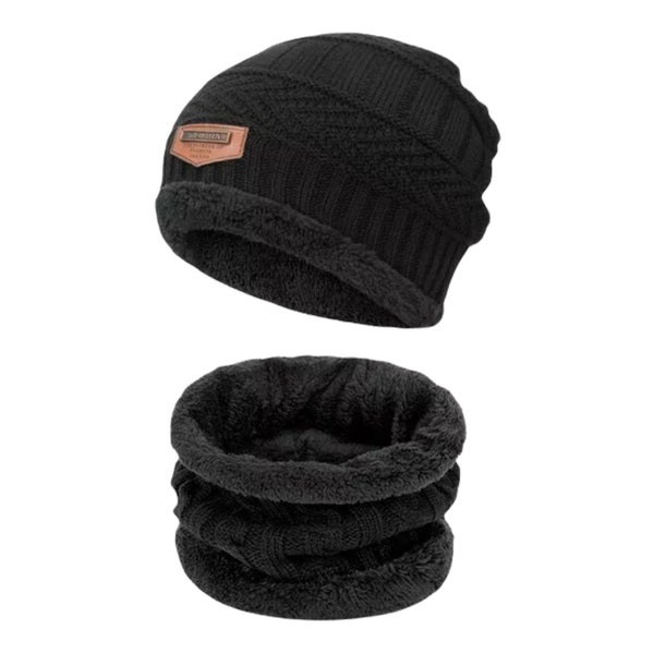 2 PCS Winter Beanie Hat Scarf Set Warm Knit Hat Thick Fleece Lined Winter Hat & Scarf for Men Women Skull Cap