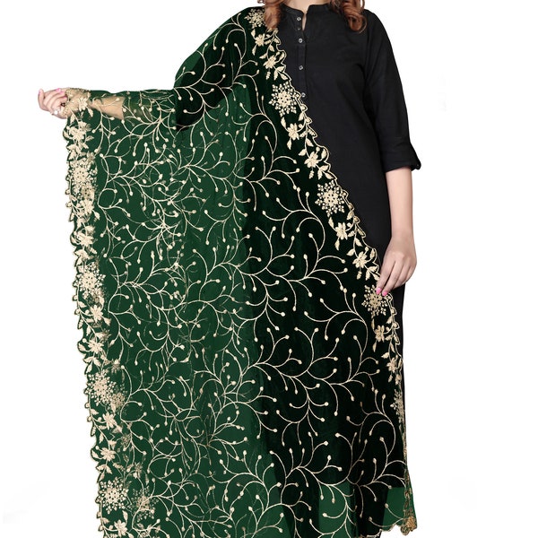 Woman's Bottle Green With Gold Embroidered Net Dupatta