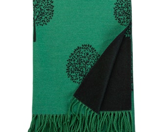 Winter Warmer Reversible Mulberry Tree Long GREEN/BLACK Cashmere Print Fashion Scarf/Shawl Blanket || Christmas Gift Wrap Box|| LONDONSCARFS