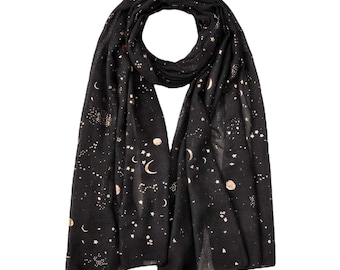 Ladies Women's Gold Foil Glitters  Moon Stars Scarf Shawl Wrap By London Scarfs