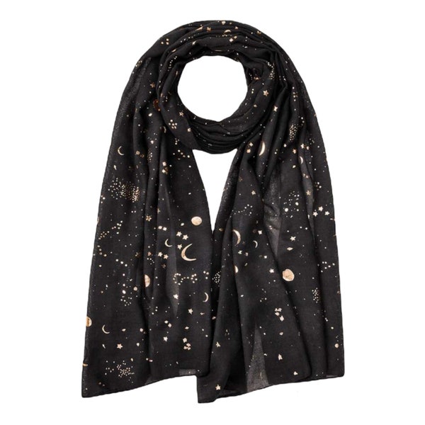 Ladies Women's Gold Foil Glitters  Moon Stars Scarf Shawl Wrap By London Scarfs