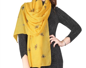 Women's Glitter Bumble Bee Print Ladies Scarf Lightweight Fashion Wrap/MUSTARD