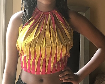 Ankara Halter Top: Cotton Draw String Backless Blouse