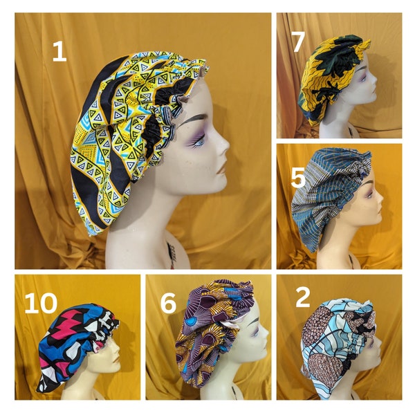 African Ankara Satin Lined Bonnets,  Adjustable Satin Hair bonnet, Protective Hairstyle Bonnet, Hair Accessories, Stretch hair Bonnet