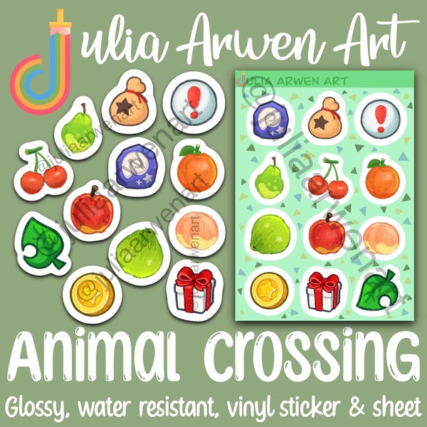 Animal Crossing Vinyl Sticker or Sheet - Town Fruit & Items | Cute Decals for Journal, Planner, Water Bottle - Water Resistant and Glossy