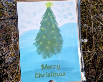 Merry Christmas Greeting Card - Snowy Christmas Tree | Handmade stationary card for all occasions - seasonal card