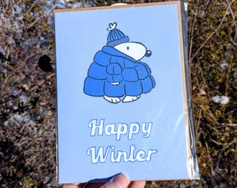 Cartoon Dog Happy Winter Greeting Card | Handmade stationary card for all occasions - seasonal card