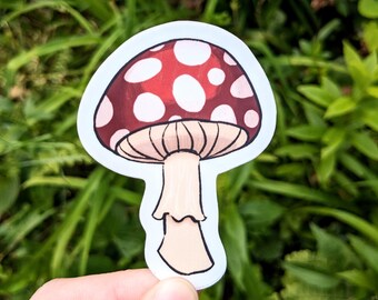 May include: A sticker featuring a cartoon mushroom with a red cap dotted with white spots. The mushroom has a beige stem and a light blue outline. The background is blurred green foliage.