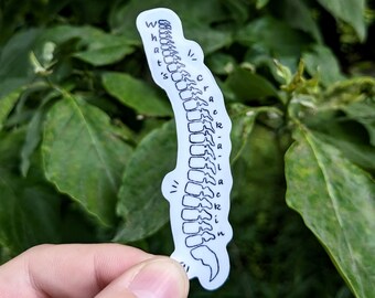 May include: A white sticker in the shape of a spine with the words "what's crack-a-lackin" written vertically. The sticker is held in front of a background of green leaves.