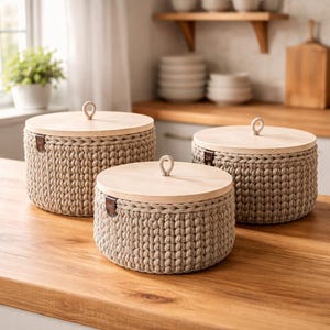 Häkelkorb rund mit Holzdeckel | verschiedene Größen | Häkelkörbchen | Utensilo |  Aufbewahrungskorb | Baumwollkorb | Scandi | Geschenkidee