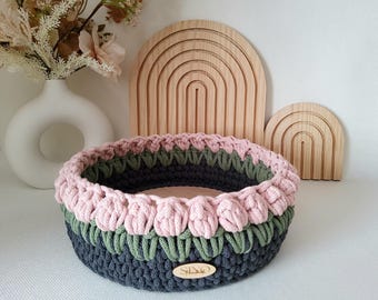 Häkelkorb Rosen mit Holzboden | Blumenkorb | rund oval eckig | Aufbewahrungskorb Utensilo | Dekokorb | Boho | Geschenkidee