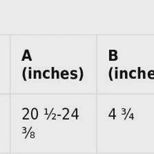 Op de afbeelding: Maattabel met afmetingen in inches voor een product met de aanduiding "One size". Kolom A varieert van 52,07 cm tot 61,91 cm. Kolom B is 12,07 cm. Kolom C is 7,94 cm. Kolom D is 19,05 cm.
