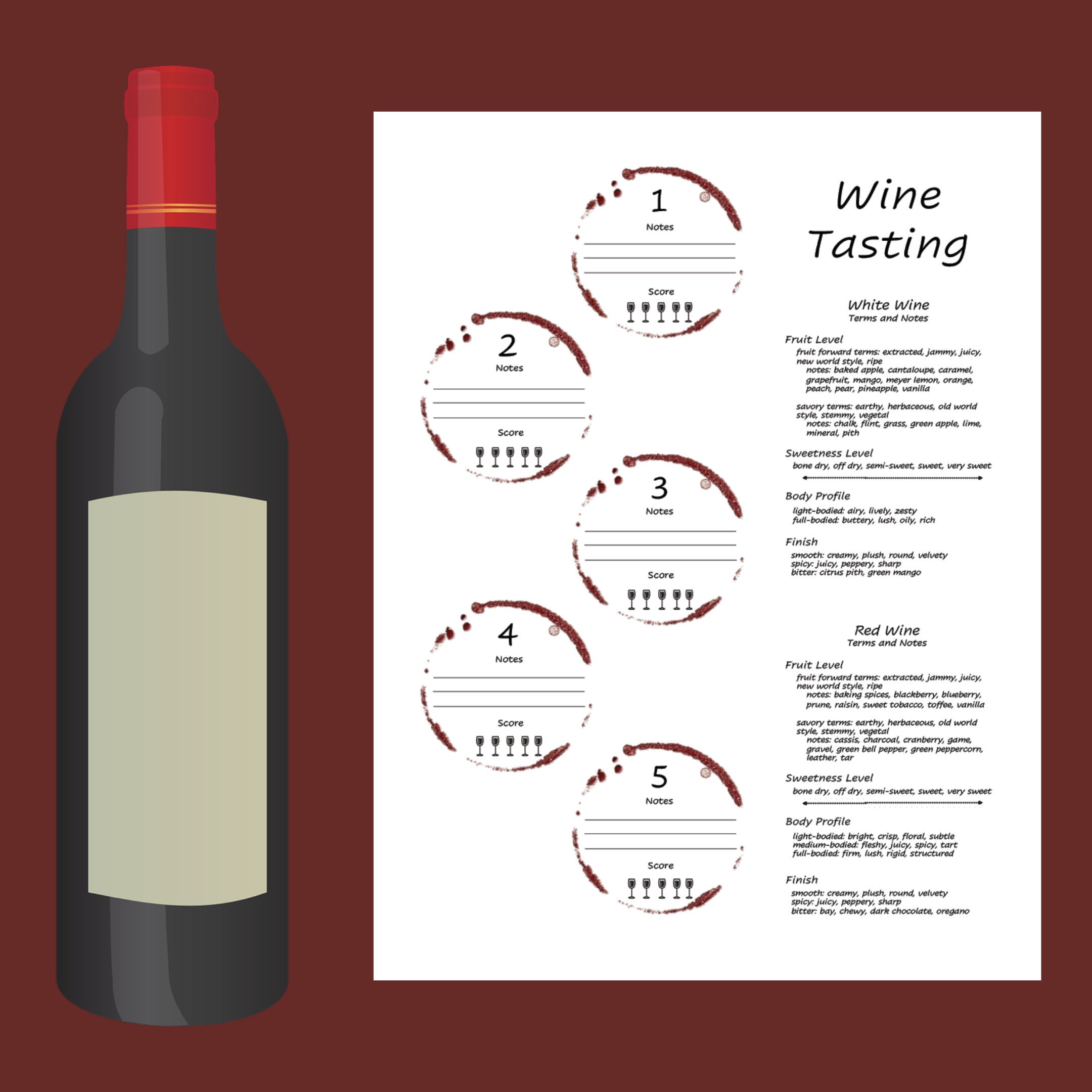 Wine Note Card Tasting Notes Card for 5 wines Etsy