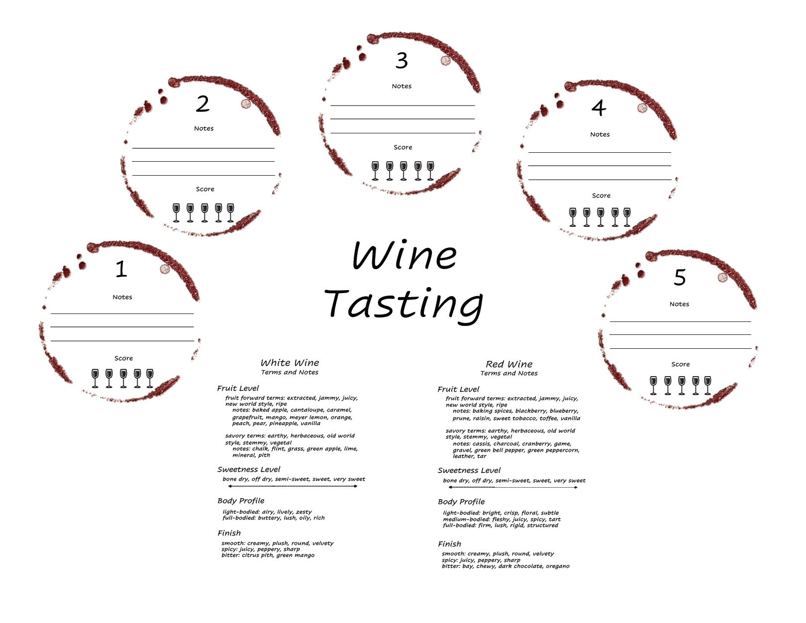 Wine Note Card Tasting Notes Placemat for 5 wines Etsy