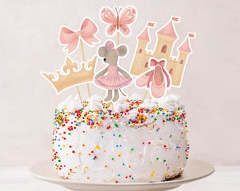 Adornos para tarta de ratón, juego de 6, decoración de cumpleaños de bailarina para niña, adornos para tarta de ratón imprimibles, primer cumpleaños de niña, fiesta de té con ratón